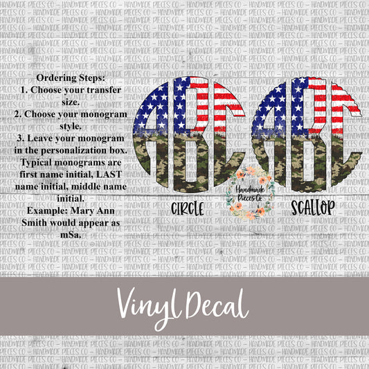 Patriotic Monogram Vinyl Decal, Stars and Stripes Distressed Camo Split
