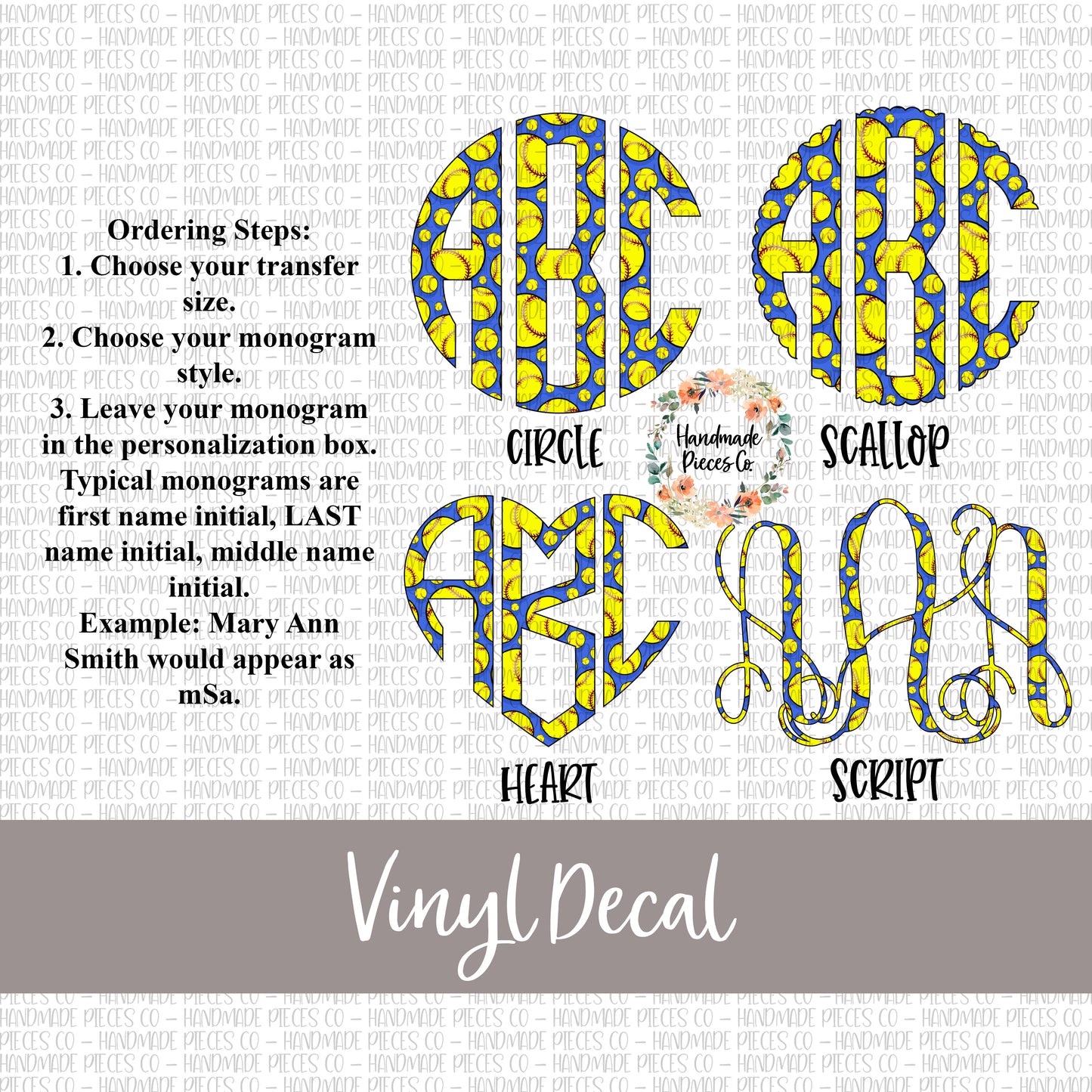 Softball Monogram Vinyl Decal, Royal Blue Background