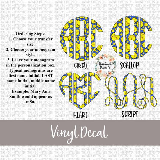 Softball Monogram Vinyl Decal, Royal Blue Background