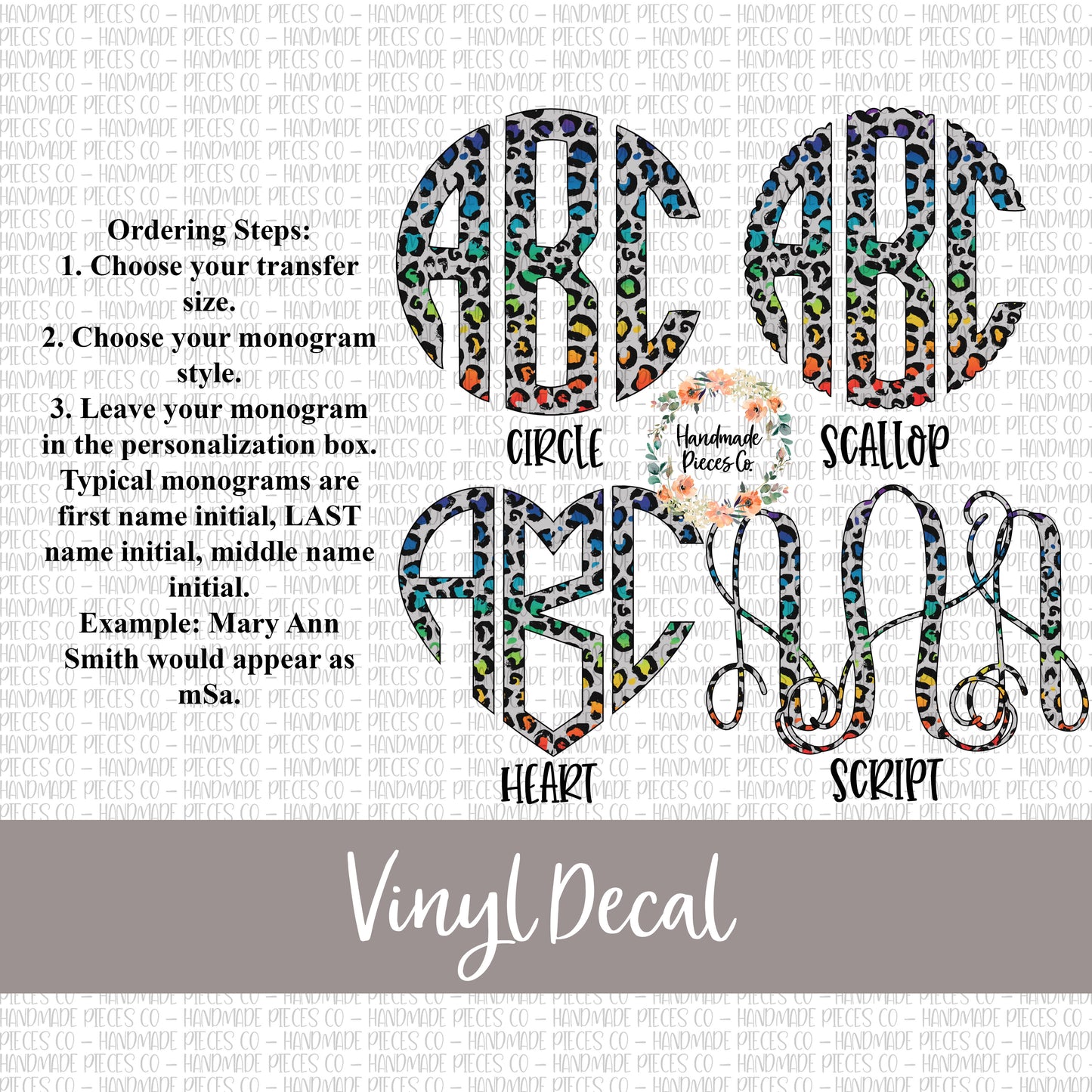 Leopard Monogram Vinyl Decal, Rainbow Spots