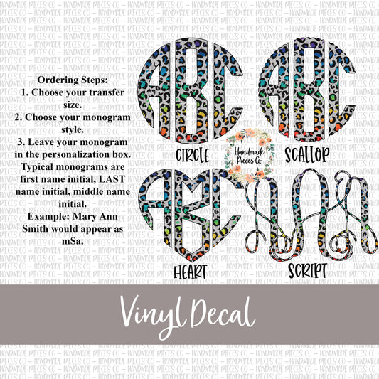 Leopard Monogram Vinyl Decal, Rainbow Spots