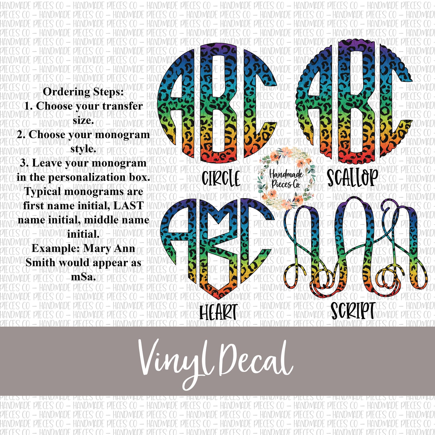 Leopard Monogram Vinyl Decal, Rainbow