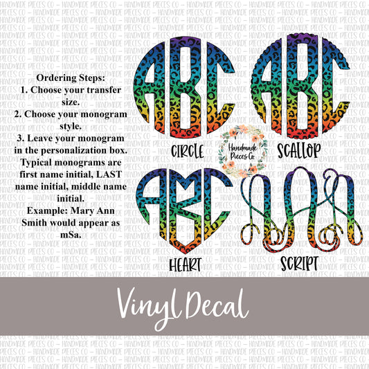 Leopard Monogram Vinyl Decal, Rainbow
