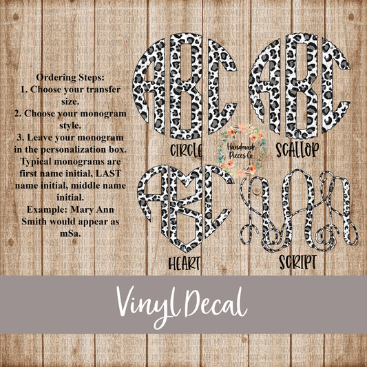 Leopard Monogram Vinyl Decal, Snow Leopard