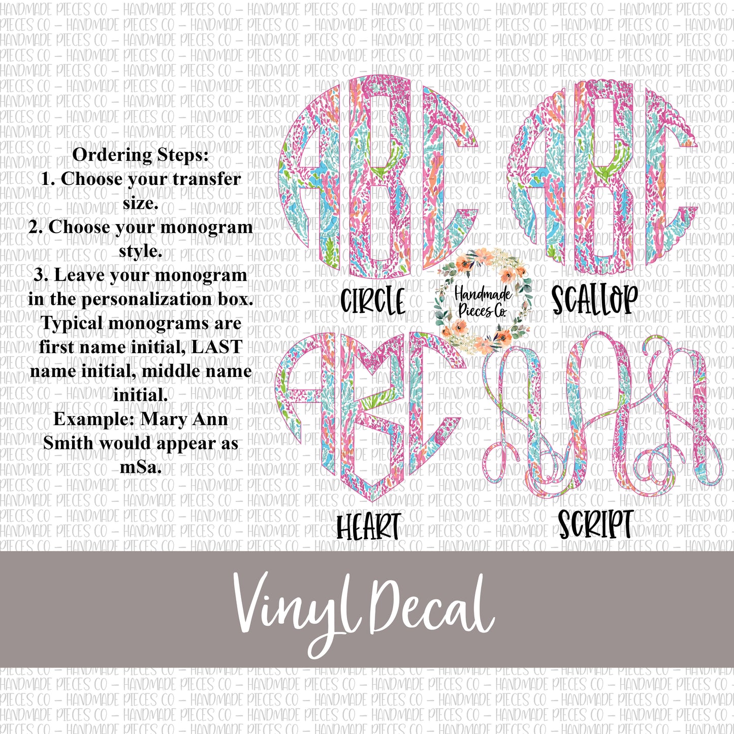 Pink and Blue Coral Monogram Vinyl Decal