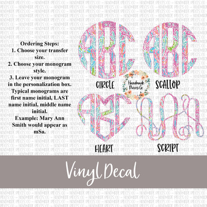 Pink and Blue Coral Monogram Vinyl Decal