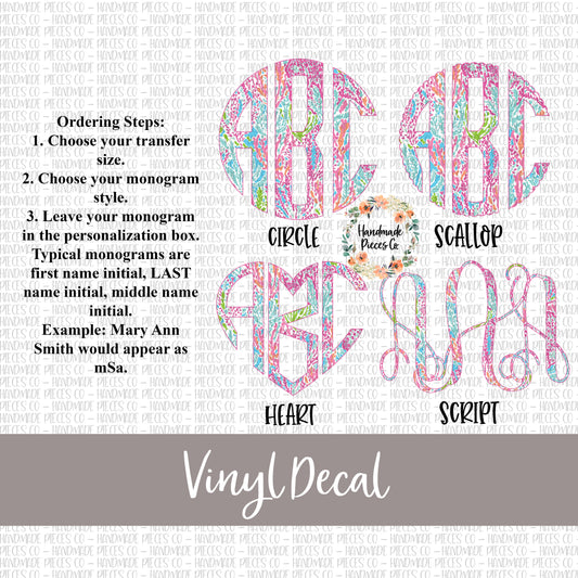 Pink and Blue Coral Monogram Vinyl Decal