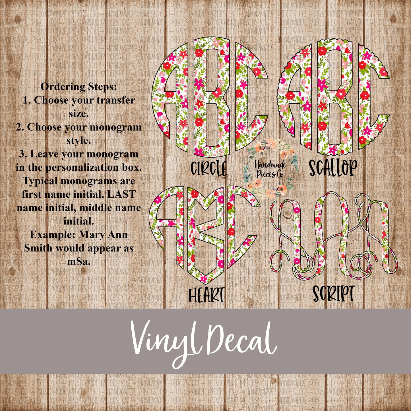 Pink Floral Monogram Vinyl Decal