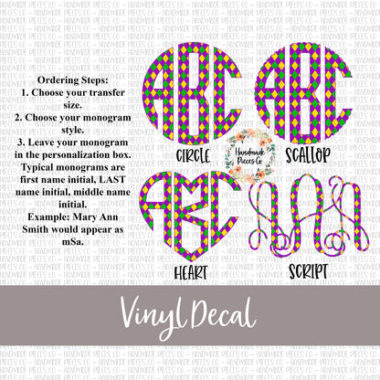 Mardi Gras Monogram Vinyl Decal, Plaid 2