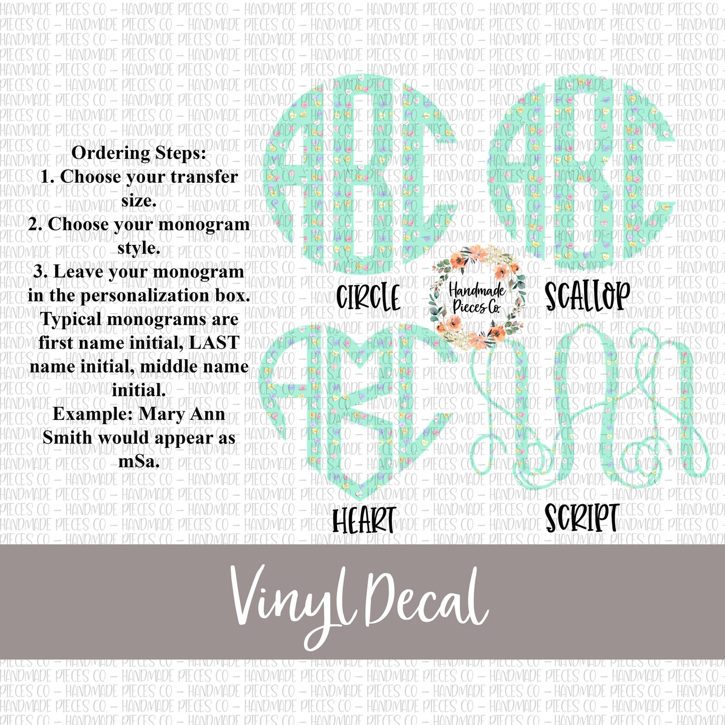 Conversation Hearts Monogram Vinyl Decal, Green