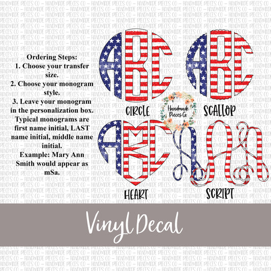 Patriotic Monogram Vinyl Decal, Stars and Stripes Distressed