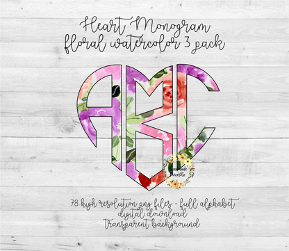 Floral Watercolor 3 Monogram - Multiple Styles - Digital Download