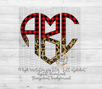 Leopard and Red Buffalo Plaid Split Monogram 2 - Multiple Styles - Digital Download