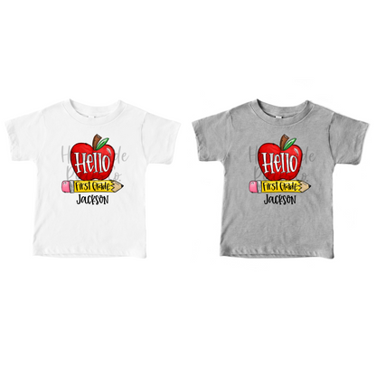 Hello First Grade, Apple and Pencil - Name Optional - Sublimation or HTV Transfer