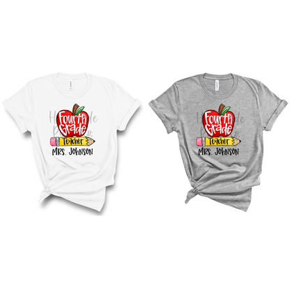Fourth Grade Teacher, Apple and Pencil - Name Optional - Sublimation or HTV Transfer