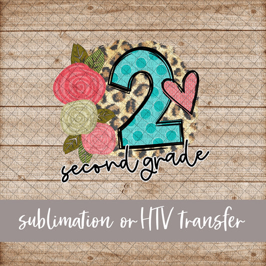 Second Grade Leopard Frame with Florals - Sublimation or HTV Transfer