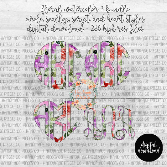 Floral Watercolor 3 Monogram - Multiple Styles - Digital Download