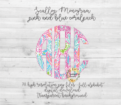 Pink and Blue Coral Monogram - Multiple Styles - Digital Download