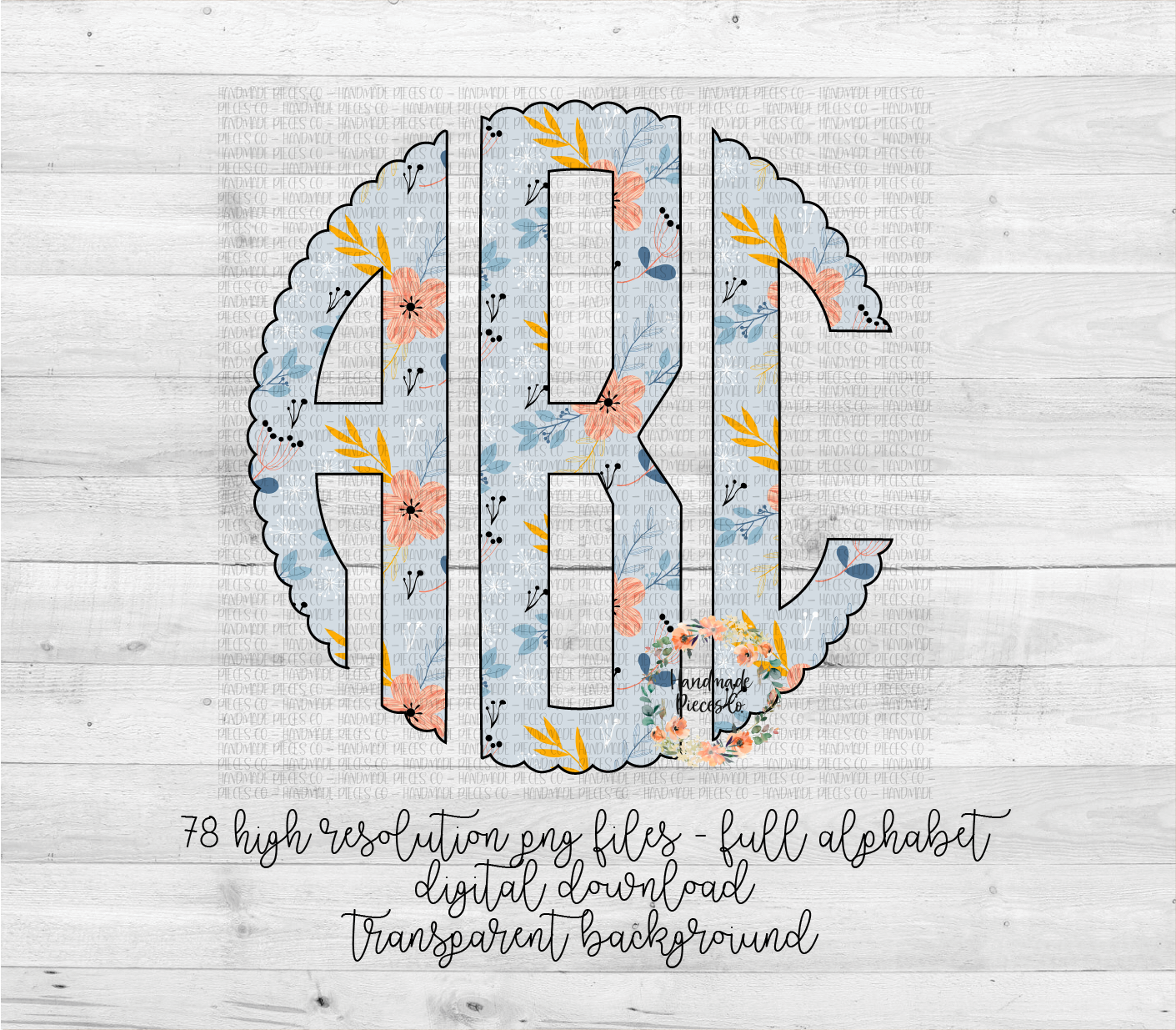 Floral Monogram, Floral 4 Light Blue  - Multiple Styles - Digital Download