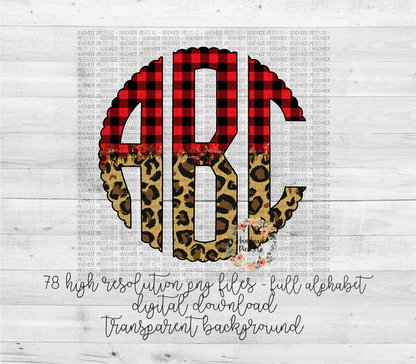 Leopard and Red Buffalo Plaid Split Monogram 2 - Multiple Styles - Digital Download