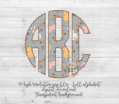 Easter Monogram, Bunnies Staggered, Blue Background - Multiple Styles - Digital Download