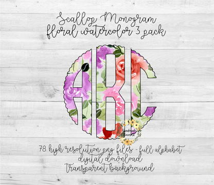 Floral Watercolor 3 Monogram - Multiple Styles - Digital Download