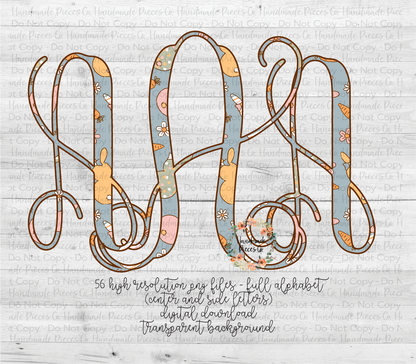 Easter Monogram, Bunnies Staggered, Blue Background - Multiple Styles - Digital Download