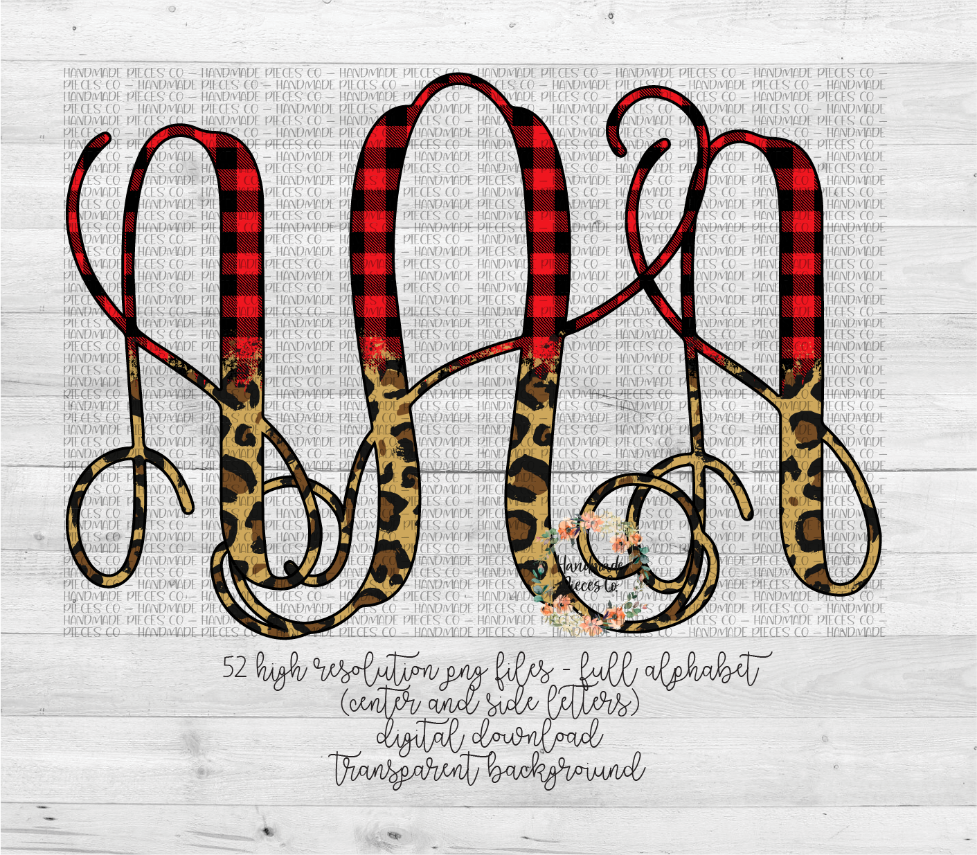 Leopard and Red Buffalo Plaid Split Monogram 2 - Multiple Styles - Digital Download