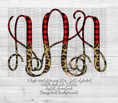 Leopard and Red Buffalo Plaid Split Monogram 2 - Multiple Styles - Digital Download