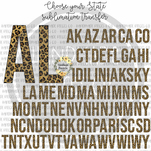State Abbreviation, Leopard - Sublimation or HTV Transfer