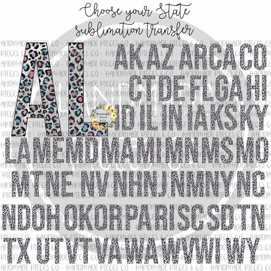 State Abbreviation, Leopard Spring Pastel - Sublimation or HTV Transfer