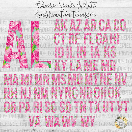 State Abbreviation, Pink Rose - Sublimation or HTV Transfer