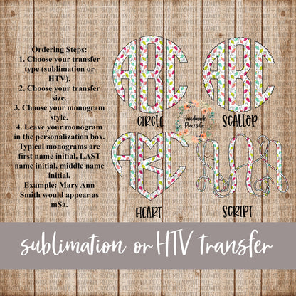 Christmas Lights, Pastel Monogram - Sublimation or HTV Transfer