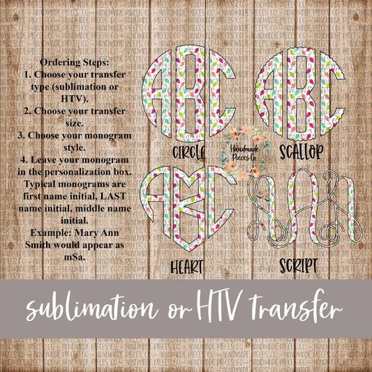Christmas Lights, Pastel Monogram - Sublimation or HTV Transfer