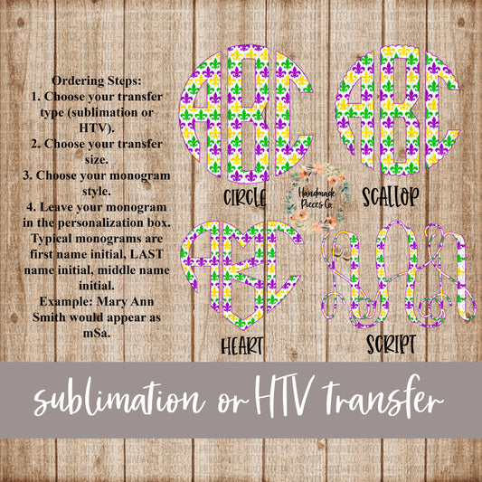 Mardi Gras Fleur De Lis Monogram, White Background - Sublimation Transfer