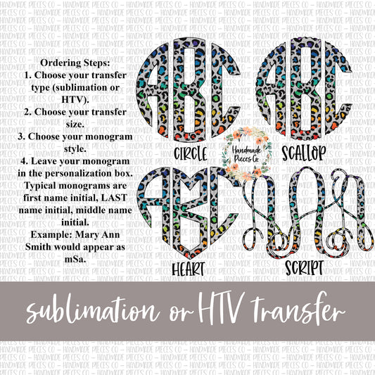 Leopard, Rainbow Spots Monogram - Sublimation or HTV Transfer