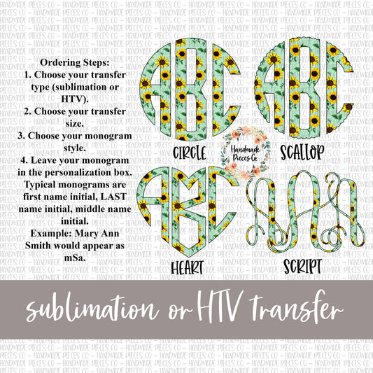Sunflower, Mint Monogram - Sublimation or HTV Transfer