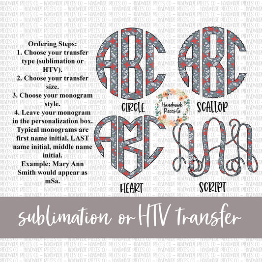 Christmas Monogram, Floral - Sublimation or HTV Transfer