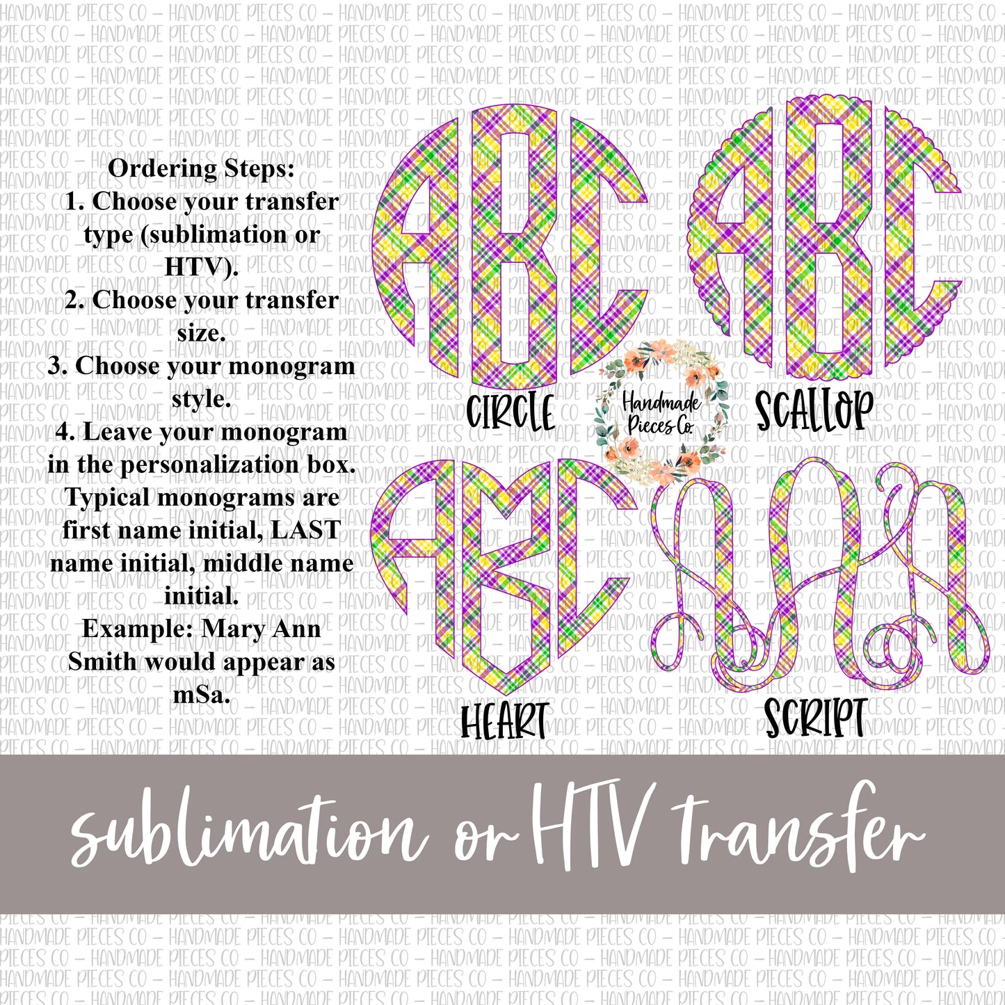 Mardi Gras Plaid Monogram - Sublimation or HTV Transfer