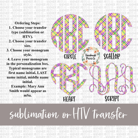 Mardi Gras Plaid Monogram - Sublimation or HTV Transfer