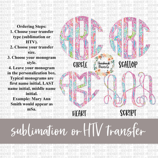 Pink and Blue Coral Monogram - Sublimation or HTV Transfer