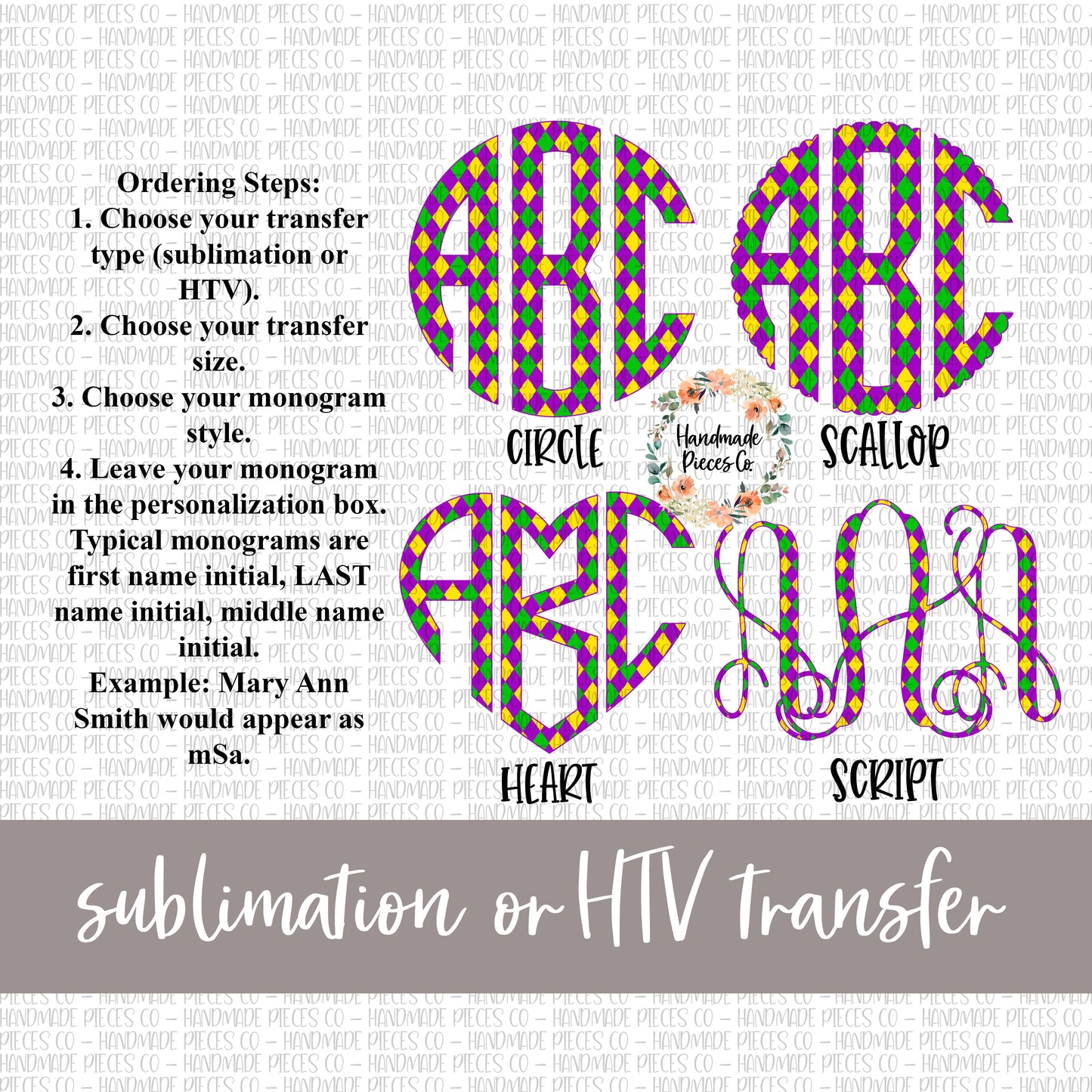 Mardi Gras Plaid Monogram 2 - Sublimation or HTV Transfer